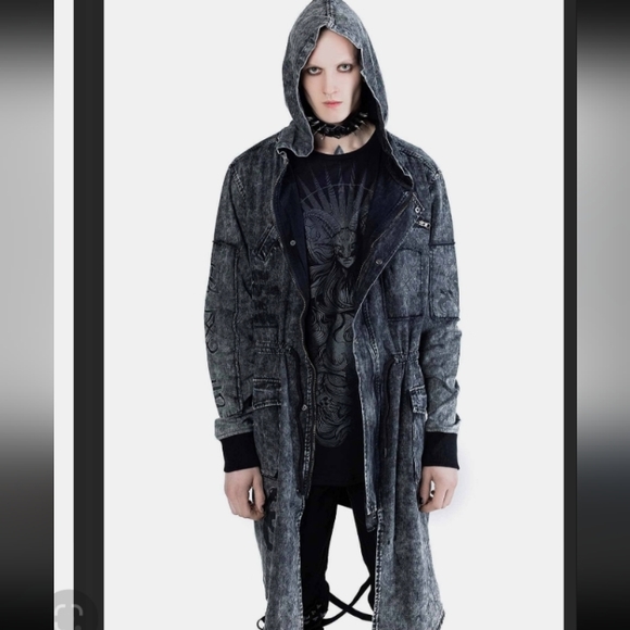 Nwt gothic Killstar duster GORGEOUS trench coat w hood! Acid washed unisex denim - Picture 6 of 16